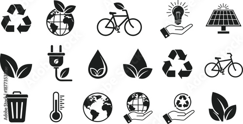 Black eco icon set with recycling, earth, energy and sustainability symbols, environmental protection and renewable power graphics isolated on white background