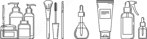 Cosmetic and skincare product icons with makeup tools, beauty bottles and serum droppers, minimal line art style, personal care set, vector illustration