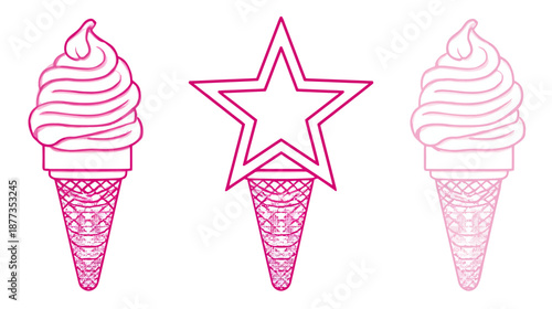 Three images Two ice cream cones, one with a star instead of ice cream. Outline style
