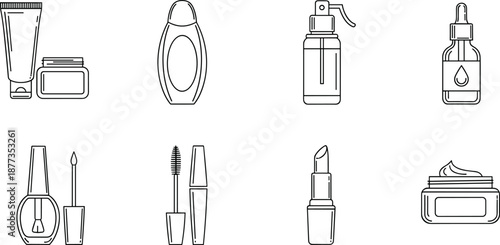 Cosmetics and beauty products line icons set, skincare, makeup, lotion, serum, spray bottle, lipstick, mascara, cream containers for web and graphic design