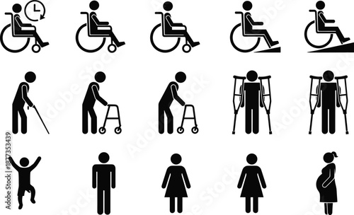 Disability and mobility pictogram icons set, wheelchair users, elderly people, rehabilitation, accessibility symbols, healthcare and inclusive design, isolated vector collection