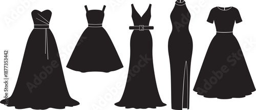 Collection of five elegant black evening dresses with various styles and necklines