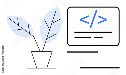 Technology use, nature and tech balance, modern programming, digital creativity, software development, coding education. A potted plant next to coding symbols. Technology and nature integration