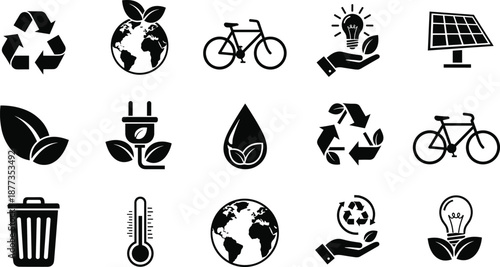 Eco friendly icon set featuring black flat symbols for recycling, solar energy, clean water, green power, and environmental sustainability isolated on white background