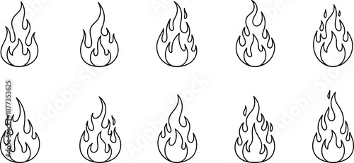 Flame icon set with multiple fire styles, hand drawn outline symbols for heat, energy, danger, warning, and combustion design