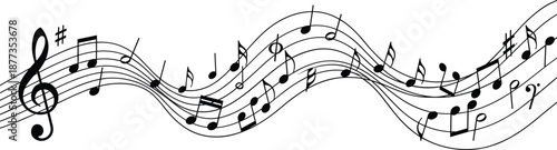 Flowing music notes on staff with treble clef and sharp sign, elegant musical wave illustration isolated on white background