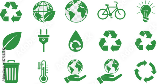 Green eco icon set with recycling, earth, energy and sustainability symbols, environmental protection and renewable power graphics isolated on white background