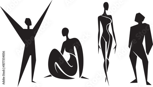 Four black silhouettes of human figures in various yoga poses on a white background