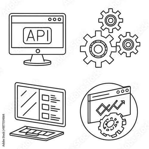 Software development vector icons featuring coding, APIs, debugging and modern programming concepts.