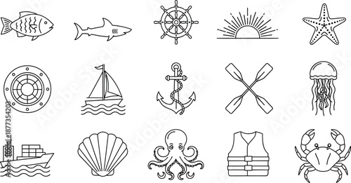 Marine nautical icon set, sea life and sailing symbols, ocean travel, coastal adventure, maritime vector collection isolated on white background