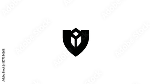 A black, geometric emblem featuring a shield with a stylized, interconnected shape within
