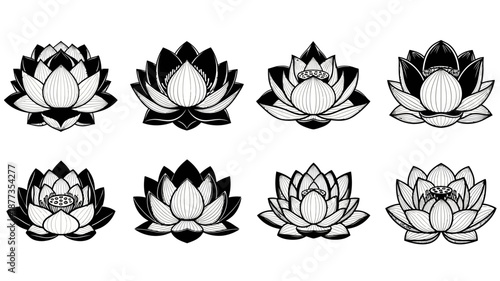 Black and white lotus flower illustrations in various styles and shading