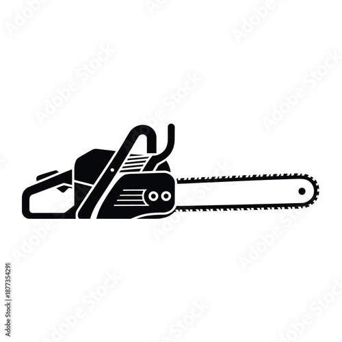 Black and white chainsaw icon on a plain background