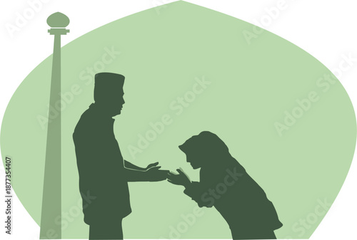 vector image of a man and a woman shaking hands with a mosque building in the background