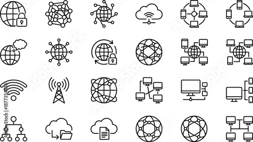Network and cloud technology line icons set, minimal outline symbols for internet, data sharing, wireless connection, cybersecurity, global communication, modern vector illustration