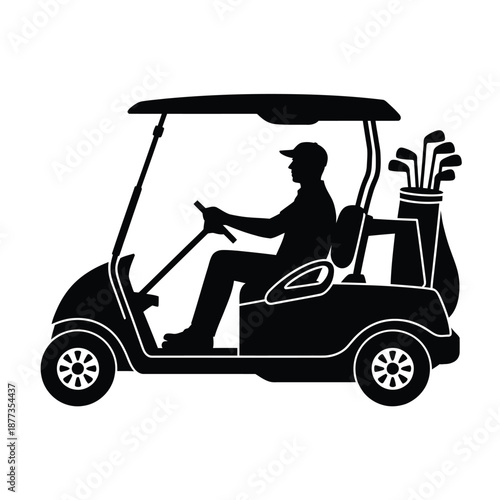 golf cart silhouette with driver and golf clubs