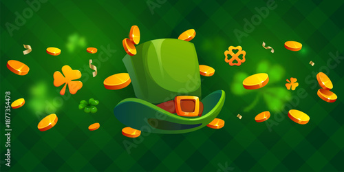 Leprechaun hat and golden coins on happy St Patrick's day holiday banner. Irish holiday cartoon vector greeting card, Saint Patrick day banner with green top hat, falling golden coins and clover leaf
