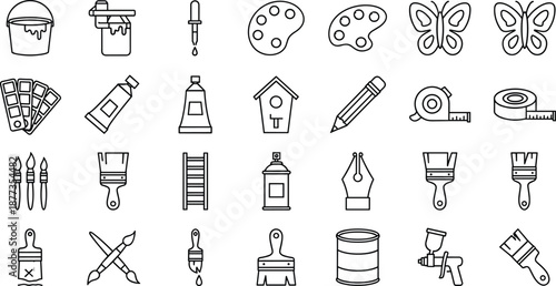 Painting and art tools icon set, paint bucket brush palette pencil butterfly spray gun vector collection, creative workshop design elements