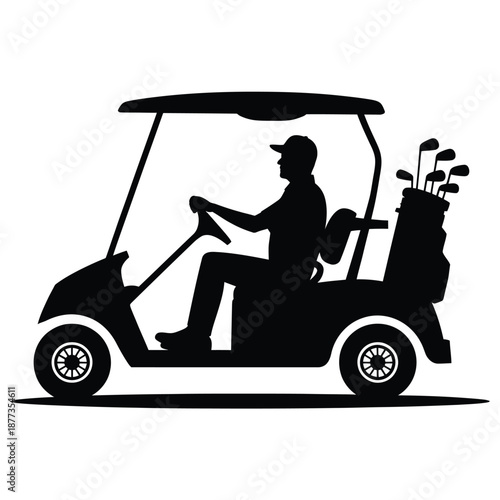 golf cart silhouette with driver and golf clubs