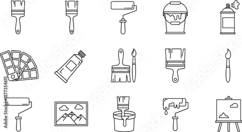 Painting tools icon set with brushes, rollers, paint bucket and spray can, outline art supplies collection, home renovation and creative design vector