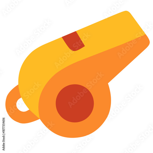 Referee whistle in bright yellow and orange depicting sports officials signaling a call loudly. Suitable for sports websites, banners, and social media posts.