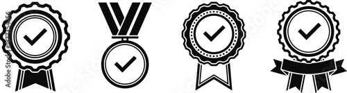 Quality assurance badges with check marks, approval and certification icons, modern guarantee seals for business verification, black and white vector set