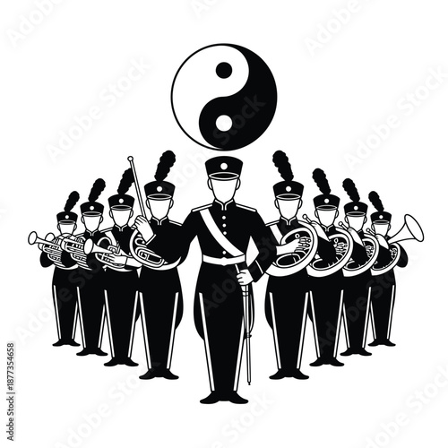 a marching band with a yin and yang symbol