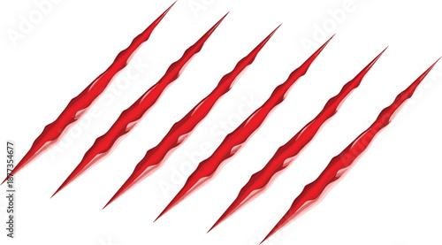 Red claw scratch marks isolated on white background, bloody ripped tear slashes, horror damage texture, sharp monster attack vector illustration