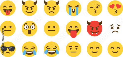 Set of colorful emoji faces showing different emotions and expressions, flat vector icons collection for social media, chat, and digital communication