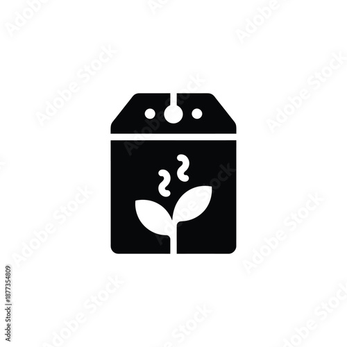 Black seed packet with a white plant sprout and steam icon on white background