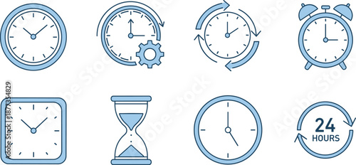Set of blue time and clock icons including hourglass, stopwatch, alarm, twenty four hour service, and management symbols isolated on a white background,