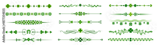 Green Irish shamrock clover divider borders. Vector set of st Patrick day trims with green shamrocks leaves, swirls and lucky horseshoe embellishments. Festive decor for greeting cards and invitations