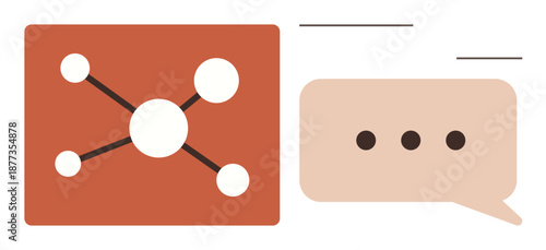 Social media, communication, networking, digital platforms, data sharing, collaboration. Connected nodes and a speech bubble. Social media and communication visually