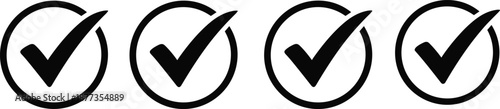 Set of four black check mark icons in circles isolated on white background for business, checklist, approval, success, and quality control symbols,