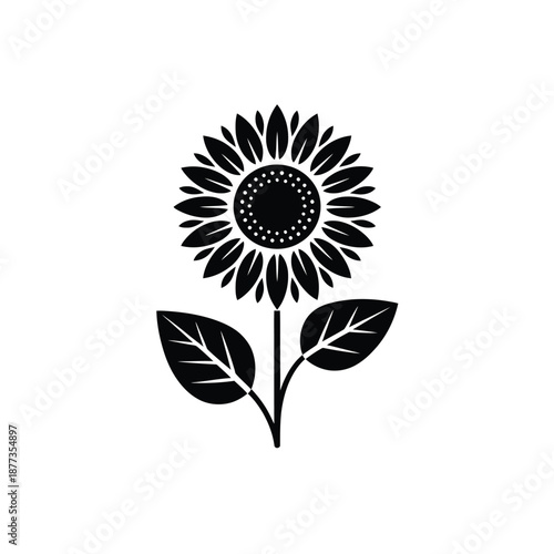a black and white image of a sunflower with leaves