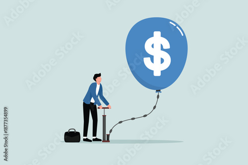 The investment bubble that caused the financial crisis, the concept of money inflation, investor entrepreneurs pump air into a large balloon floating with the symbol of the US Dollar money ready to ex