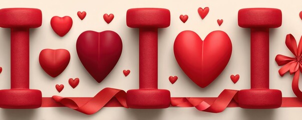 Romantic fitness gift concept with red dumbbells, ribbon, and hearts for Valentine's Day