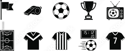 Soccer and football icon set, black flat sport symbols including ball, whistle, trophy, jersey, stadium, scoreboard and television broadcast elements