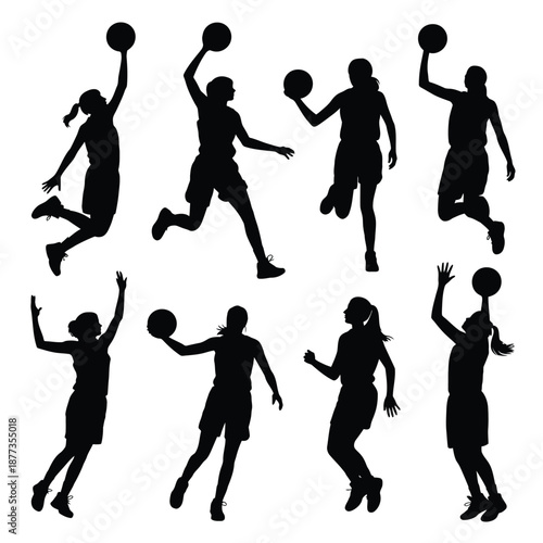 Silhouettes of basketball players in various poses and movements