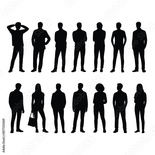 silhouettes of people in various poses and outfits