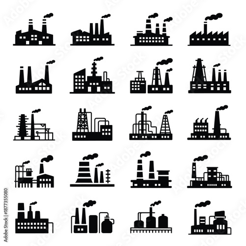 black and white industrial factory building icons set