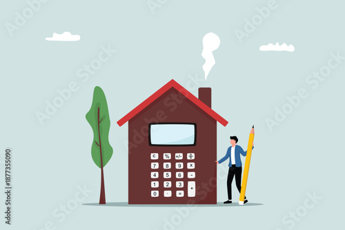 Home mortgage calculations, housing budgets, insurance, costs and expenses, real estate investing or home refinancing money concepts, business agents or brokers holding pencils with home calculators.