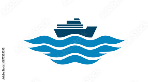 A simplified, navy-blue and turquoise illustration of a ship sailing on wavy water