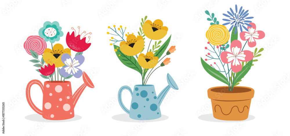 Obraz premium Flower bouquet watering can clipart set. Bunch of Spring Flowers in watering can and gardening pot clip art collection with colorful petals and leaves graphic elements vector illustration. 