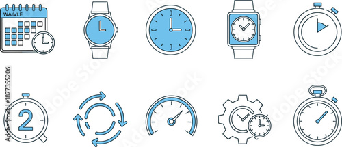 Time management and scheduling icons set, clock, calendar, stopwatch, workflow timing, productivity planning, deadline tracking, blue flat vector illustration