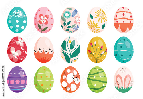 Easter egg cute set clipart. Colorful eggs clip art collection with flowers, bunny, pattern and prints drawing for Easter egg hunting elements vector illustration.

