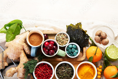 Assortment of herbal and tablets, vitamins and dietary supplements. Healthy life