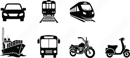 Transportation icons set, car train metro ship bus motorcycle scooter, black silhouette transport symbols for travel logistics and urban mobility design