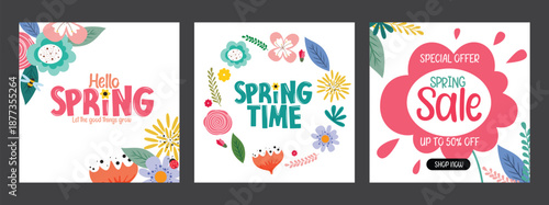 Spring greeting card set poster clipart. Hello Spring and Spring time greeting text clip art with abstract colorful flowers for season promotion template collection vector illustration.
