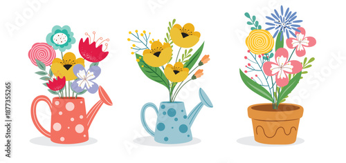 Flower bouquet watering can clipart set. Bunch of Spring Flowers in watering can and gardening pot clip art collection with colorful petals and leaves graphic elements vector illustration.
